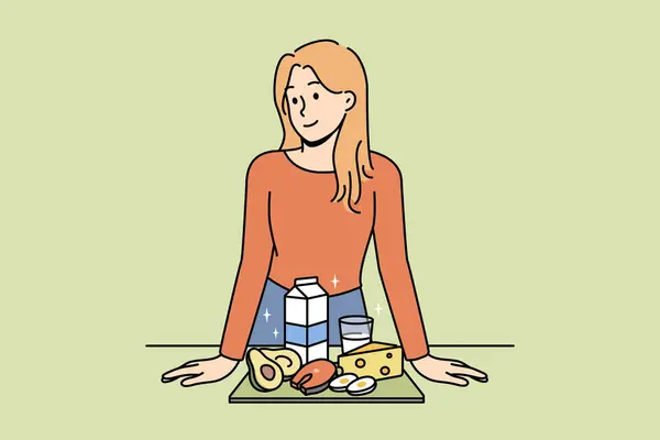 Mulher Sorridente Mostrar Produtos Orgânicos Recomendar Estilo Vida Saudável Nutricionista —  Vetores de Stock
