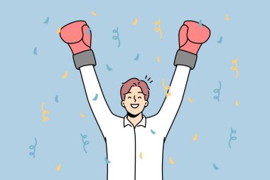 Boks eldivenli neşeli iş adamı iş başarısını kutluyor ya da kazanıyor. Gülümseyen erkek çalışan ya da işçilerin zaferi. Vektör illüstrasyonu. 