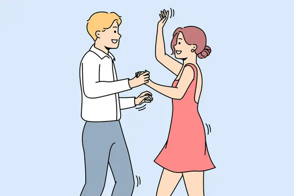 Χαμογελώντας Άντρας Και Γυναίκα Χορεύουν Μαζί Διασκεδάζοντας Ευτυχισμένο Ζευγάρι Δίνει — Διανυσματικό Αρχείο