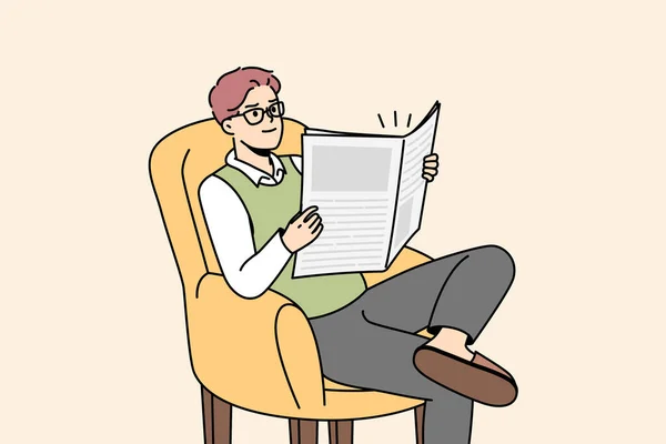 Young man in glasses sit on chair at home reading newspaper. Smiling male relax in armchair on weekend with magazine. Recreation and relaxation. Vector illustration.
