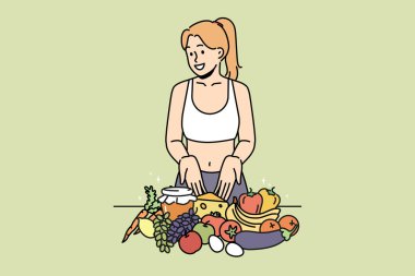Smiling young woman in sportswear recommend healthy eating. Happy girl show organic products give diet recommendation. Nutrition. Vector illustration.  clipart