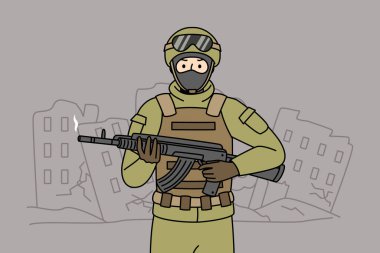 Üniformalı erkek asker şehir harabelerinde tüfek tezgahı tutuyor. Ellerinde silahla kasklı bir asker ülkeyi savaş ve istiladan koruyor. Vektör illüstrasyonu. 