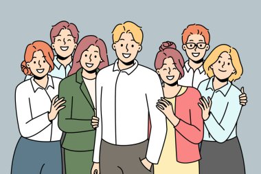 Erkek lider veya patronla birlikte poz veren gülen çalışanlar. Mutlu çalışma ekibi birlik ve destek göstersin. Takım çalışması ve işbirliği. Vektör illüstrasyonu. 