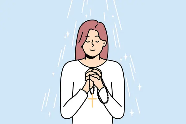Fiatal Rózsafüzérrel Kezében Imádkozik Vallásos Babonás Lány Gyöngyökkel Beszél Istenhez — Stock Vector