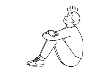 Mutsuz genç adam yerde oturup yalnızlık ve tekrarlanan düşüncelerden muzdarip. Stresli erkek depresyon ya da kaygı ile mücadele ediyor. Vektör illüstrasyonu. 