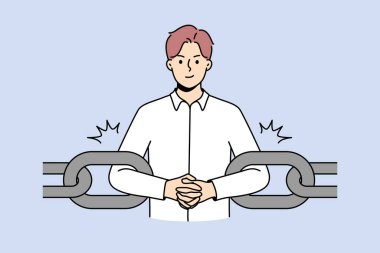 Young businessman as part of chain. Male employee or worker as link of chain at workplace. Engaged as business work element. Vector illustration.  clipart