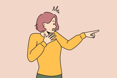 Sersemlemiş genç bir kadın, görüş ve unsurlarla şoka girmiş. Şaşırmış ya da imgelemle dehşete düşmüş bir kız şovu. Vektör illüstrasyonu. 