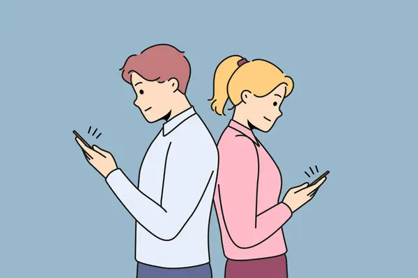 Pasangan Berdiri Kembali Belakang Sms Pada Ponsel Online Pria Dan - Stok Vektor