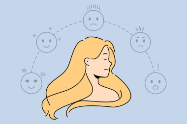 Etrafı farklı duyguları olan emojilerle çevrili genç bir kadın. Kadın duygusal ve anlamlı bir deneyim yaşar. Kötü ve iyi bir ruh hali. Vektör illüstrasyonu. 