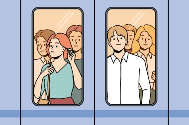 Metroda camın arkasında duran insanlar. Metro treninde kapıların yanında kalabalık var. Toplu taşıma. Vektör illüstrasyonu. 