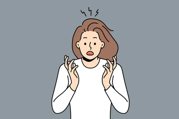 Stunned young woman feeling shocked and scared with unexpected news or message. Shocked girl terrified or astonished show emotions. Vector illustration.