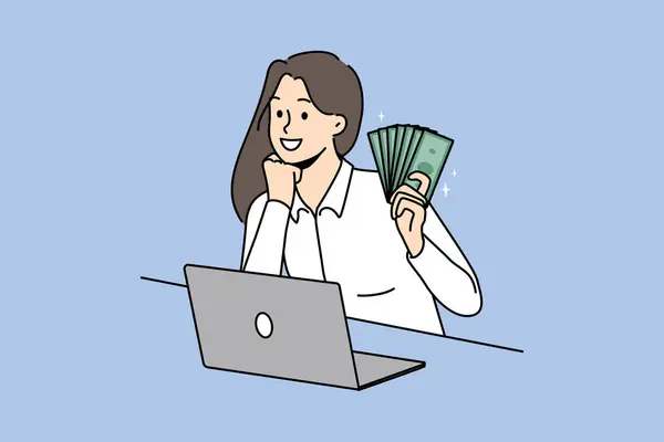 Sorrindo Jovem Mulher Sentar Mesa Trabalho Computador Line Orelha Dinheiro — Vetor de Stock