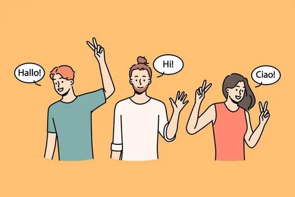 Des Gens Souriants Multiraciaux Saluant Des Mains Dans Différentes Langues — Image vectorielle