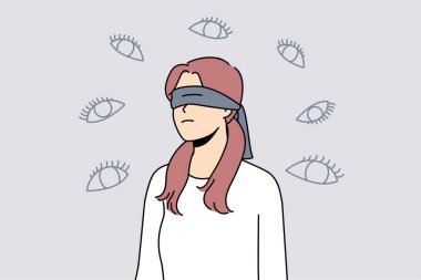 Young woman with cover on eyes feel stalked with various numerous eyes. Blindfolded female feeling paranoid. Mental health and paranoia. Vector illustration.  clipart