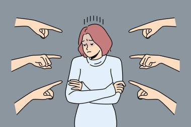 Distressed young woman stand surrounded by numerous fingers pointing. Unhappy female feel bullying and harassment in society. Vector illustration.  clipart