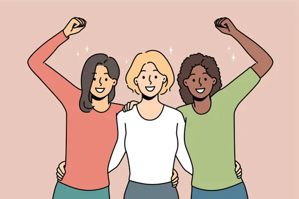 Overjoyed Multiracial Women Hug Showing Unity Solidarity Smiling Diverse Interracial — Stock Vector