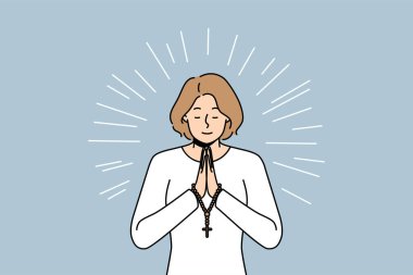 Ellerinde tespihle dua eden umut dolu dindar genç bir kadın. Batıl inançlı kadınlar Tanrı 'dan iyi kader ve servet diler. Din ve inanç. Vektör illüstrasyonu. 