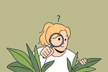 Curious young woman with magnifying glass hide in bushes spy after people or neighbors. Suspicious girl feel confused and doubtful look with magnifier. Vector illustration.  clipart