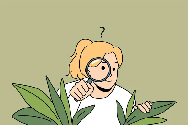 Mujer Joven Curiosa Con Lupa Esconden Los Arbustos Espía Después — Archivo Imágenes Vectoriales