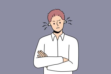 Kulak tıkacı olan öfkeli genç adam gürültücü komşulardan ya da meslektaşlarından muzdarip. Kulak tıkaçları gürültü ve sesle boğuşan mutsuz, deli bir erkek. Vektör illüstrasyonu. 