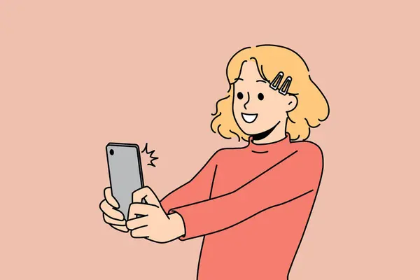 Usmívající Dívka Dítě Udělat Autoportrét Obrázek Smartphonu Šťastné Dítě Baví — Stockový vektor