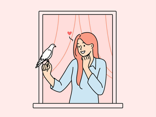 Smiling woman in house window holding pigeon in hands. Girl in love sending love letter with bird. Vector illustration. 