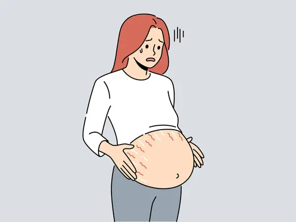 Tired Pregnant Woman Huge Belly Stretch Marks Last Months Pregnancy — Stock Vector