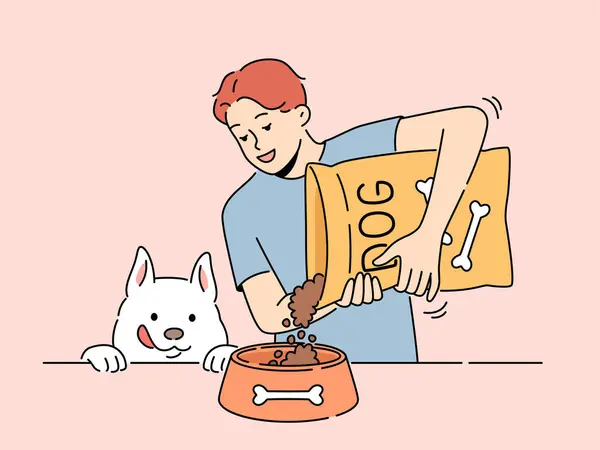 Gülümseyen Adam Heyecanlı Köpeğe Paketten Yemek Veriyor Mutlu Adam Evcil — Stok Vektör