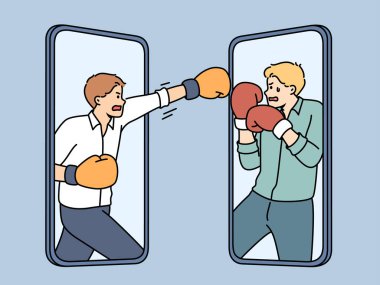 Sinirli iş adamları cep telefonlarıyla dövüşüyor. Akıllı telefon ekranlarındaki öfkeli erkek rakipler ya tartışır ya da çatışır. Çevrimiçi rekabet ve rekabet. Vektör illüstrasyonu. 