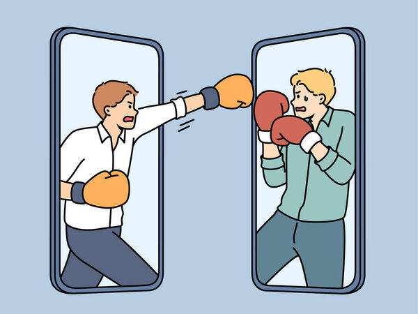 Angry businessmen on cellphones screen fighting. Furious male rivals on smartphones displays have argument or conflict. Online rivalry and competition. Vector illustration. 