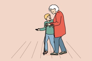 Caring little boy child helping mature grandmother cross road. Cute small kid hold hand assist elderly woman walk on street. Vector illustration.  clipart