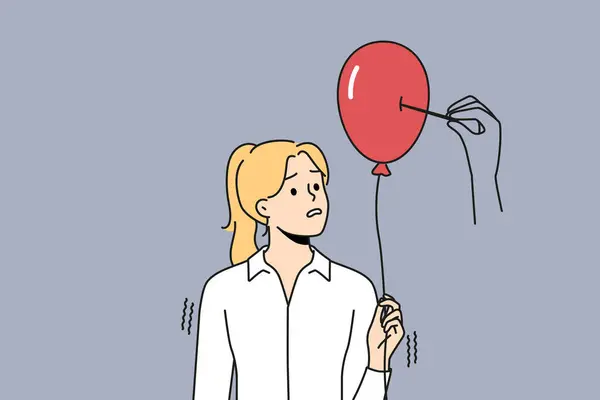 Enorma Handen Genomborrar Ballongen Med Nål Stressad Kvinnlig Anställd Överväldigad — Stock vektor