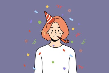 Unhappy woman in birthday hat blow in whistle celebrate anniversary alone. Upset girl feel lonely and abandoned at party celebration. Vector illustration.  clipart