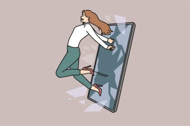 Kendine güvenen iş kadını cep telefonu ekranından fırladı. Gülümseyen kadın akıllı telefondan internet sansüründen ve bilgiden uzak durur. Vektör illüstrasyonu. 