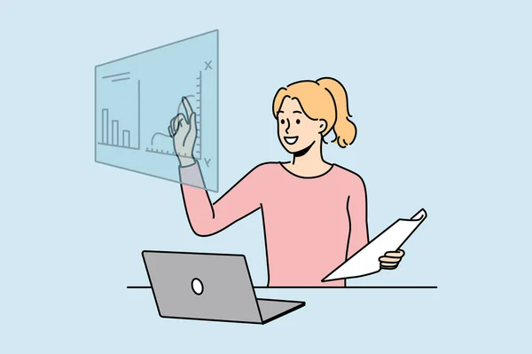 Gülümseyen Kadın Çalışan Masada Oturup Finansal Grafiklerle Bilgisayar Üzerinde Çalışıyor — Stok Vektör