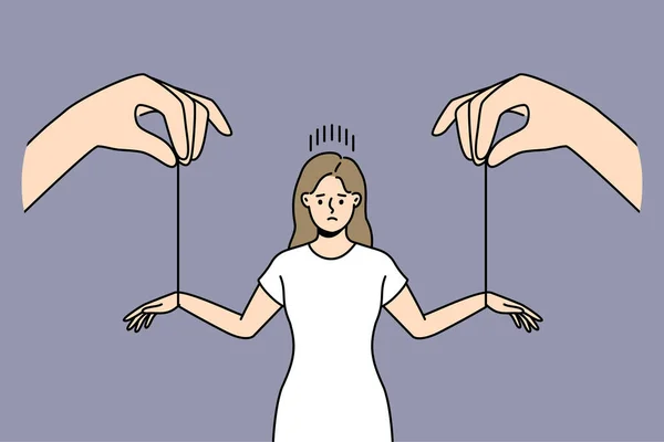 Obrovské Ruce Vlákny Manipulují Vystresovanou Ženou Nešťastná Žena Manipulovaná Šéfem — Stockový vektor