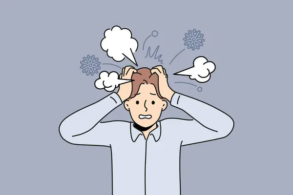 Kargaşa ve kafa karışıklığı yaşayan bitkin işadamı sinir krizinden muzdarip. Yorgun, duygusal bir adam stresle ve aşırı çalışmayla mücadele ediyor. Vektör illüstrasyonu. 