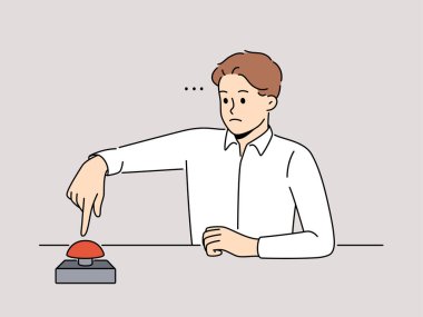 Frustrated man sit at desk push red button. Confused serious male press alert button. Warning or startup launch. Vector illustration.  clipart