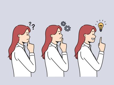 Düşünceli kadın düşünme süreciyle meşgul olduğunu ve iş sorununa çözüm bulduğunu düşünüyor. Sorunları çözme ve beyin fırtınası kavramı. Vektör illüstrasyonu. 