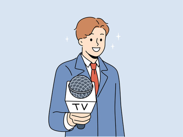 Male journalist with microphone in hands interview audience. Man reporter or host stretch mic to camera. Journalism and broadcast. Vector illustration. 