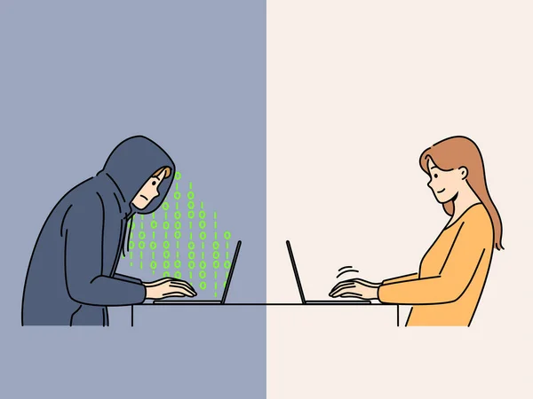 Woman Chatting Online Computer Male Hacker Man Scammer Communicate Internet — Stock Vector