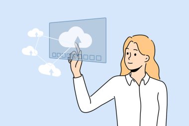 Cloud bilgisayar sistemiyle çalışan gülümseyen bir iş kadını. Dijital uygulamadaki mutlu kadın çalışan dokunmatik ikonu. Vektör illüstrasyonu. 
