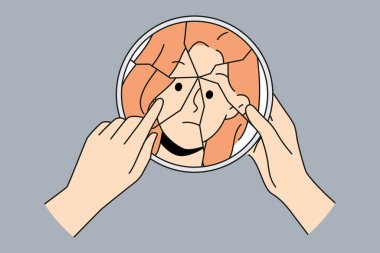 Kırık aynaya bakan kadın bipolar bozukluktan muzdarip. Mutsuz kız kişilik bozukluğuyla mücadele ediyor. Zihinsel ve psikolojik sorunlar. Vektör illüstrasyonu. 