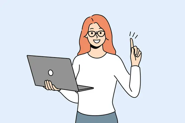 Empresária Sorridente Com Laptop Mãos Colocar Dedo Animado Sobre Ideia — Vetor de Stock