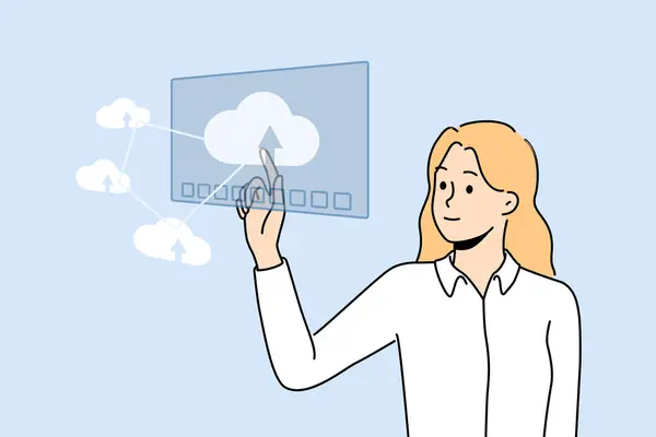 Usmívající Obchodnice Pracující Počítačovým Systémem Cloud Happy Female Employee Touch — Stockový vektor
