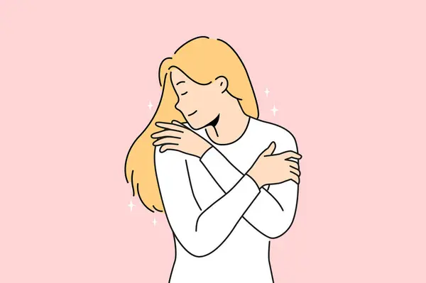 Happy Woman Hug Herself Showing Selflove Selfcare Smiling Girl Embrace — Stock Vector