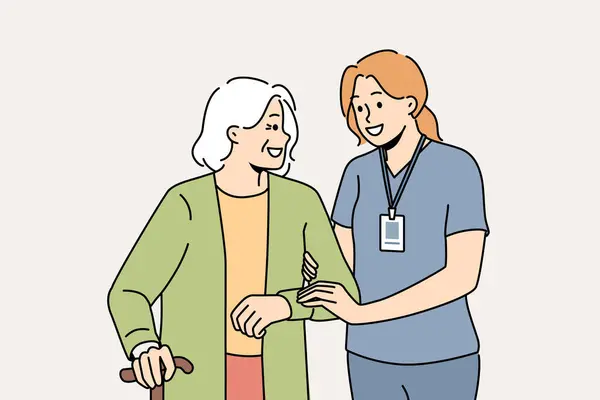 笑顔の女性介護者は 歩いている成熟した女性を助けます 均一な看護師がウォーキングスティック付きの高齢のおばあちゃんを支援します ベクトルイラスト — ストックベクタ