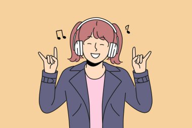 Gülümseyen kız çocuğu kablosuz kulaklıkla müzik dinlerken rock 'n roll hareketi yapıyor. Kulaklıklı heyecanlı çocuk rock şarkılarının tadını çıkarıyor. Vektör illüstrasyonu. 