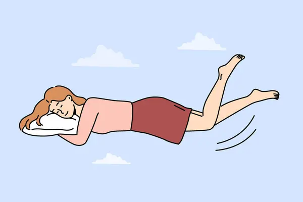 枕の上に横たわる幸せな女性は 夢やリラックスを楽しんでいます 女の子の眠りは夢を見る リラックスと疲労 ベクトルイラスト — ストックベクタ