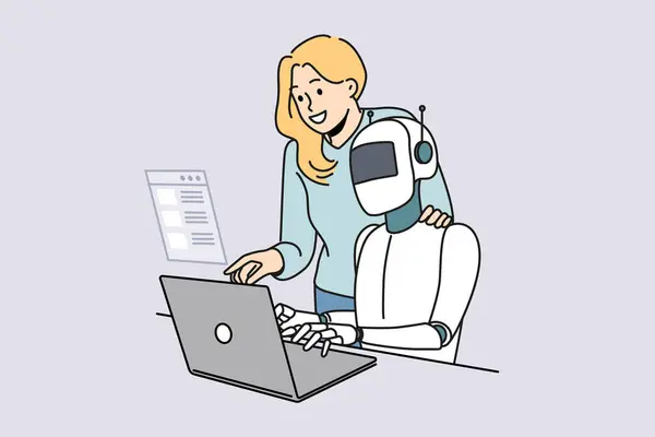 Сотрудница Робот Ассистент Работают Вместе Компьютером Робот Тестер Программы Поиска — стоковый вектор